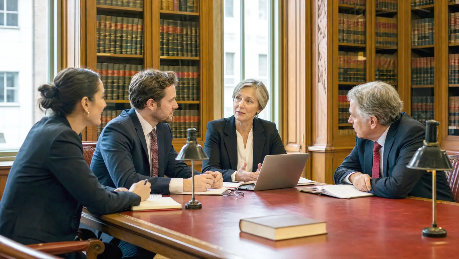 Four lawyers in discussion around a table in a traditional law firm library