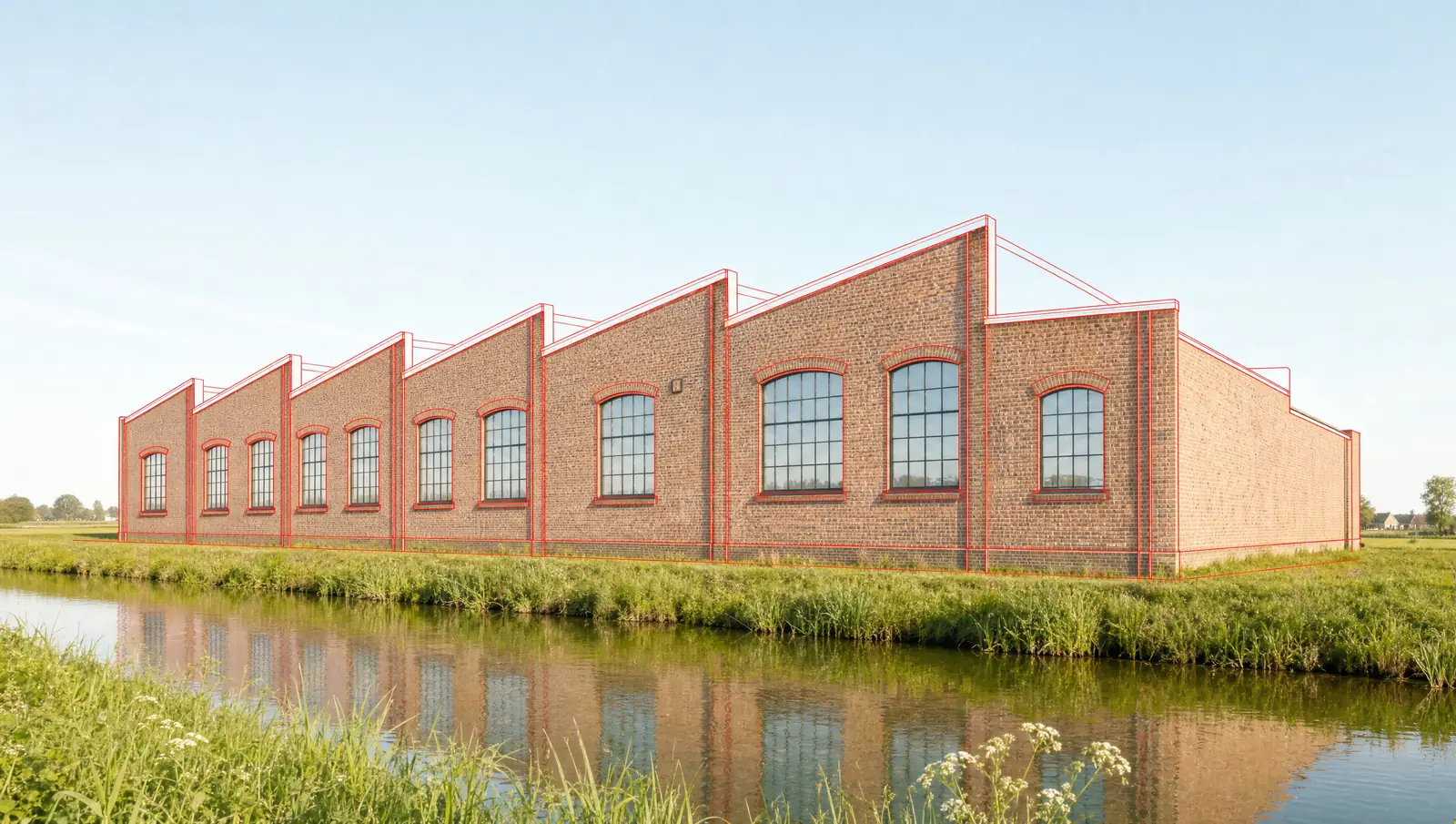 A brick warehouse beside a canal, outlined by a red wireframe