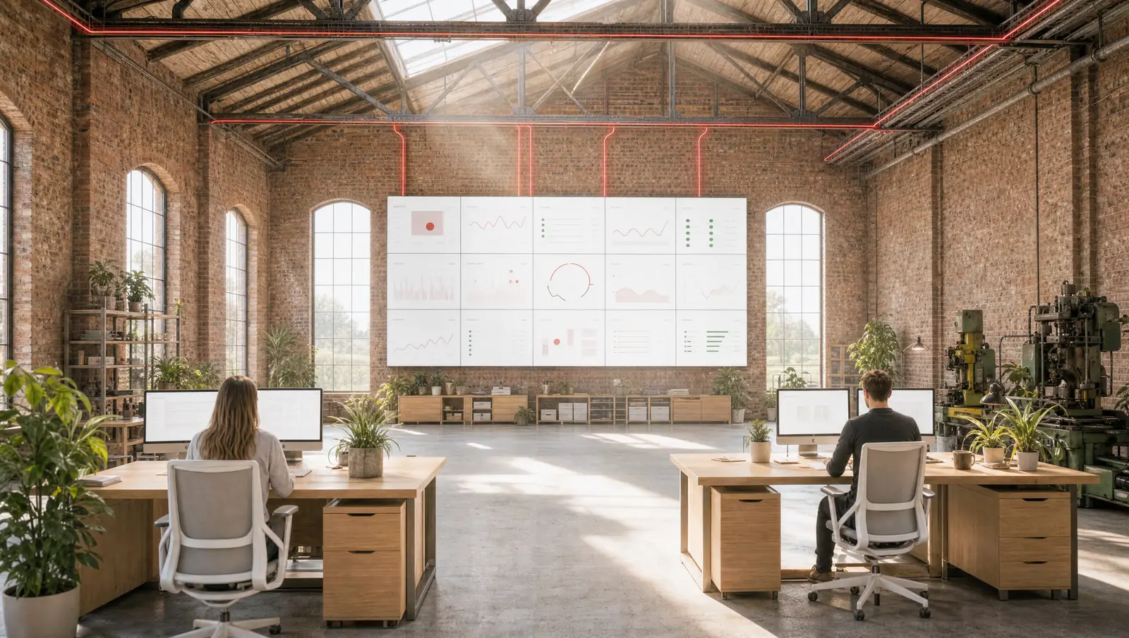 A wall of dashboards in a bright brick hall, with two colleagues at their desks